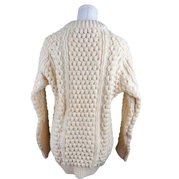 John Molloy Men's LRG Ivory Irish Wool Cable Knit Crew Neck Fisherman Sweater - Picture 4 of 7